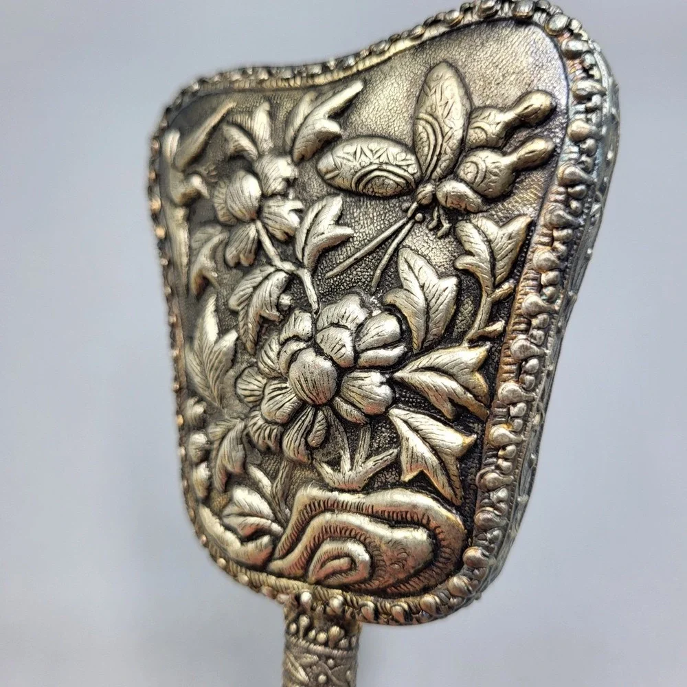 Vintage Hand Mirror Repousse Floral Dragonfly Silver Tone Ornate 6.5